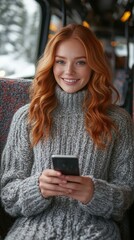 Fototapeta premium A cheerful woman with flowing red hair sits on a bus, dressed in a warm, knitted sweater. She smiles as she uses her smartphone, with snowy scenery visible through the window