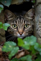A curious cat with big eyes peers from behind leaves and stones in a garden setting.
