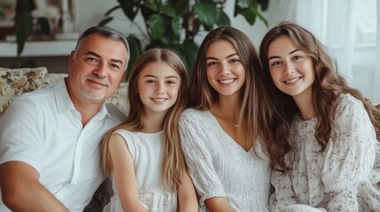 Obraz premium A Joyful Family Portrait in a Cozy Living Room Filled With Greenery, Showcasing Smiles and Togetherness During a Sunny Afternoon