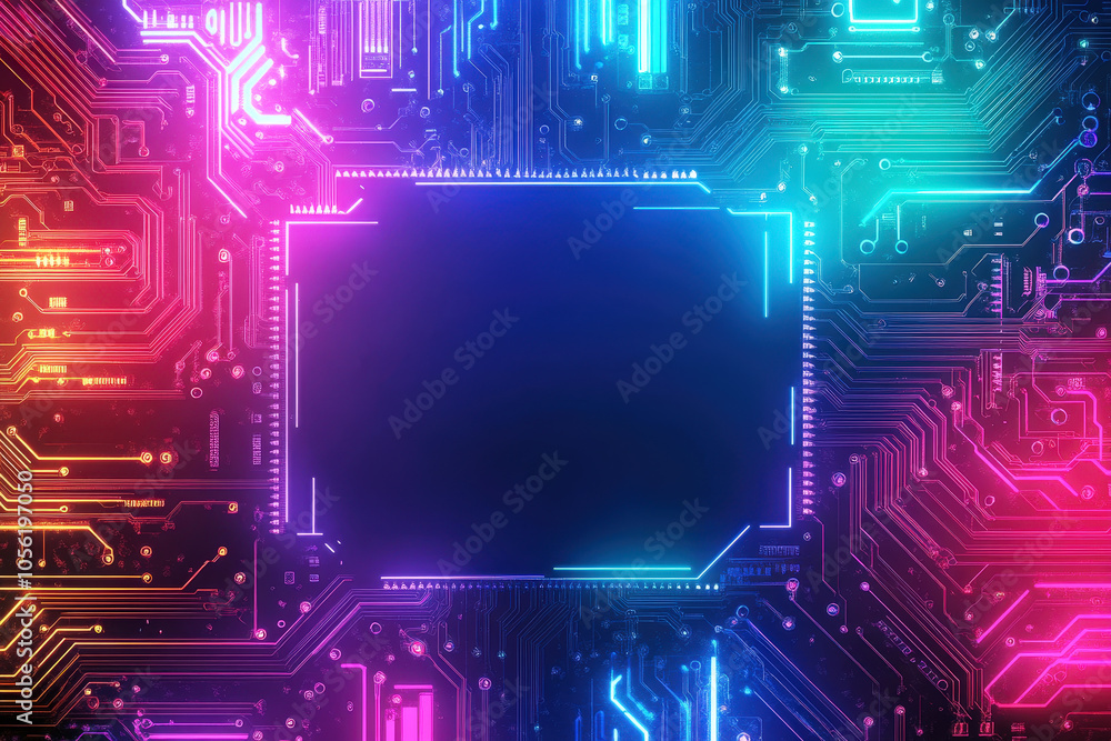 Poster the circuit board design features bright neon colors and intricate connections, with a central area 