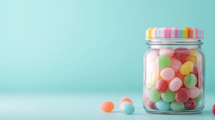Glass jar of colorful jelly beans, striped pastel lid, vibrant pastel blue background, scattered candies, playful and cheerful composition, sweet and whimsical candy concept

