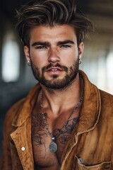 Obraz premium A rugged-looking bearded man in a brown jacket gazes intensely, revealing tattoos, showing strong character and masculinity.