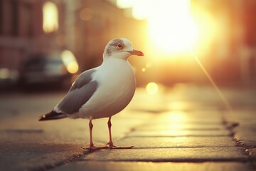 A seagull stands confidently on a cobblestone street as the sun rises in the background, evoking freedom and calmness.
