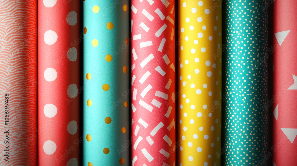 Aufkleber Multiple rolls of wrapping paper in vibrant colors and patterns are neatly arranged, perfect for gift wrapping or creative projects