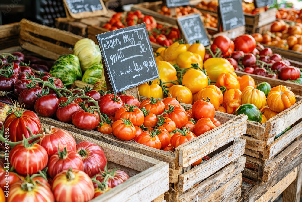 Poster fresh tomatoes and assorted vegetables are arranged in wooden crates at a bustling summer farmer’s m