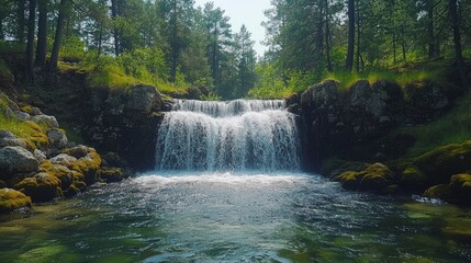 Fototapeta premium Tranquil Waterfall in a Lush Green Forest