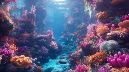 Fototapeta premium Sunlight shines through the ocean depths, revealing a vibrant coral reef teeming with colorful marine creatures