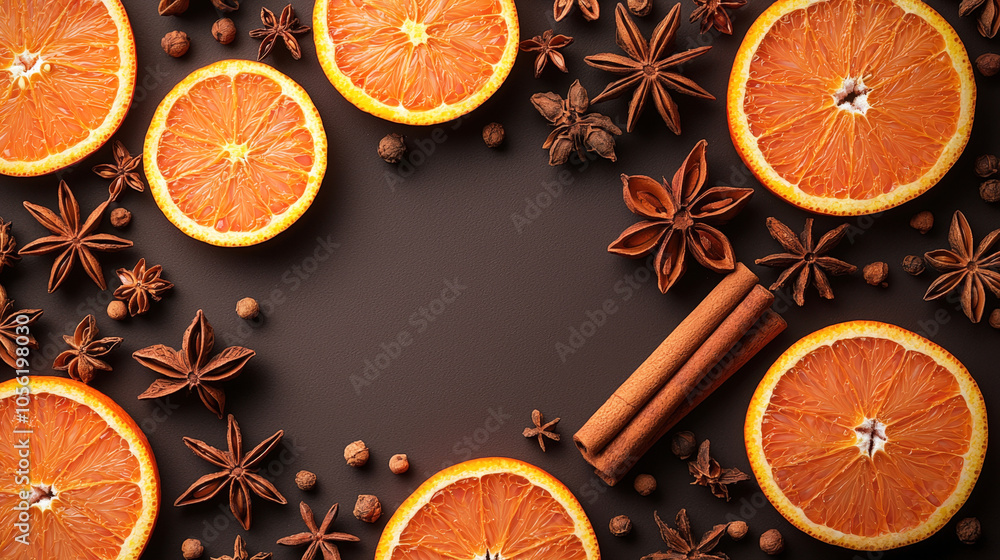 Aufkleber brightly colored oranges are artfully arranged with spices, creating a cozy atmosphere perfect for f