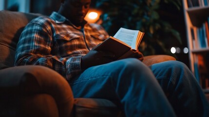 A man sits in a chair reading a book in a dimly lit room.