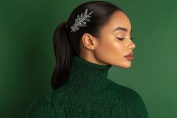 closeup portrait of young woman with glowing skin wearing a green turtleneck, accentuated with a sparkling snowflake hair accessory