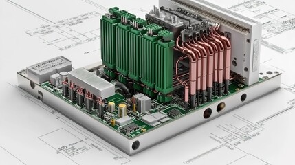 A detailed electronic circuit board featuring green components and copper heat pipes, designed for advanced thermal management and connectivity.