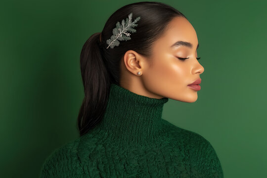 closeup portrait of young woman with glowing skin wearing a green turtleneck, accentuated with a sparkling snowflake hair accessory