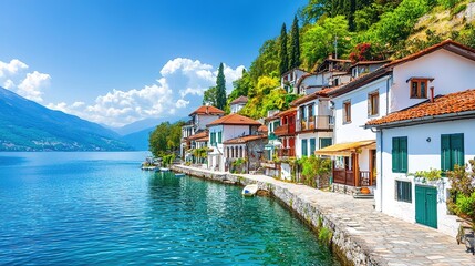 Obraz premium A picturesque lakeside village with colorful houses, lush greenery, and tranquil blue waters under a bright sky.