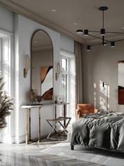 A modern bedroom in a luxurious and stylish design concept..	
