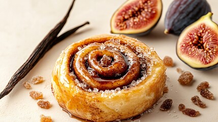 Cinnamon roll with caramelized sugar crystals, isolated on a light beige background, with vanilla bean and fresh figs