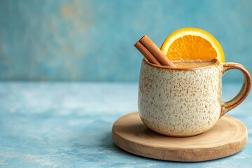 hot buttered rum in a ceramic mug, garnished with a cinnamon stick and a slice of orange, minimal background with copy space at upscale bar