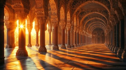 Obraz premium The bright sun is shining through the arches of an ancient building