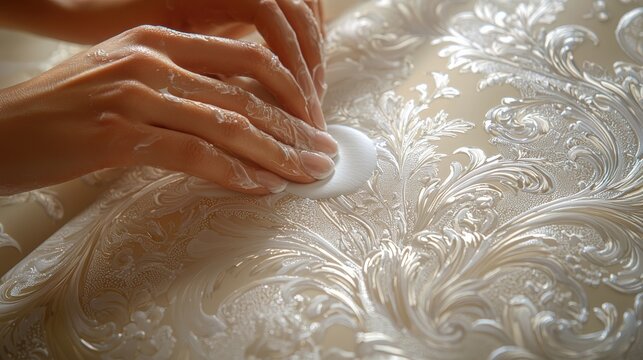 Skillful hands applying decorative technique on textured surface in a creative workspace
