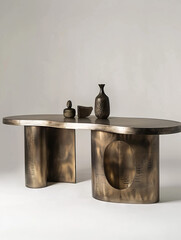 the table with rounded edges is crafted with brass on a white background, in the style of dark bronze and light bronze, split toning, thick texture, elongated shapes, 