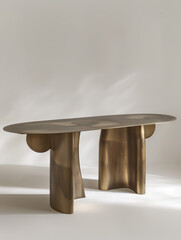 the table with rounded edges is crafted with brass on a white background, in the style of dark bronze and light bronze, split toning, thick texture, elongated shapes, 