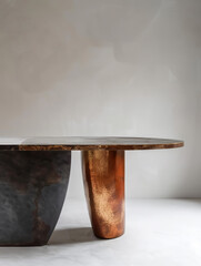 the table with rounded edges is crafted with brass on a white background, in the style of dark bronze and light bronze, split toning, thick texture, elongated shapes, 