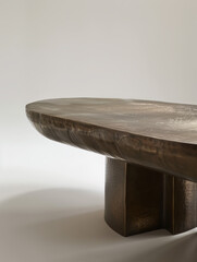 the table with rounded edges is crafted with brass on a white background, in the style of dark bronze and light bronze, split toning, thick texture, elongated shapes, 