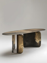 the table with rounded edges is crafted with brass on a white background, in the style of dark bronze and light bronze, split toning, thick texture, elongated shapes, 