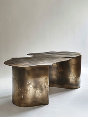 the table with rounded edges is crafted with brass on a white background, in the style of dark bronze and light bronze, split toning, thick texture, elongated shapes, blurred forms, 