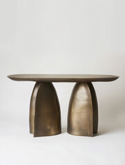 the table with rounded edges is crafted with brass on a white background, in the style of dark bronze and light bronze, split toning, thick texture, elongated shapes, blurred forms, 