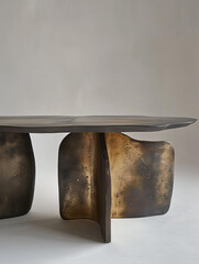 the table with rounded edges is crafted with brass on a white background, in the style of dark bronze and light bronze, split toning, thick texture, elongated shapes, blurred forms, 