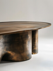 the table with rounded edges is crafted with brass on a white background, in the style of dark bronze and light bronze, split toning, thick texture, elongated shapes, blurred forms, 