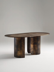 the table with rounded edges is crafted with brass on a white background, in the style of dark bronze and light bronze, split toning, thick texture, elongated shapes, blurred forms, 