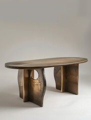 the table with rounded edges is crafted with brass on a white background, in the style of dark bronze and light bronze, split toning, thick texture, elongated shapes, blurred forms, 