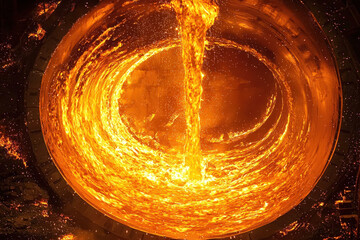 Molten lava flows in a swirling motion from a forge as metalworkers demonstrate their craft under the dark sky