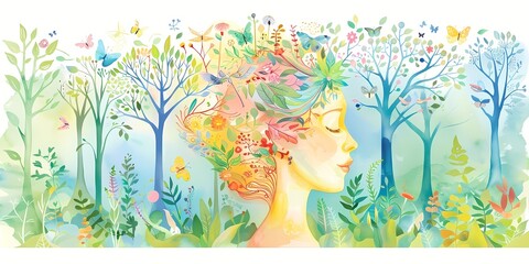 A serene woman surrounded by vibrant nature in watercolor, sustainability, minimal illustration