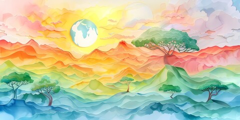 Sustainable landscape watercolor with trees, sustainability, minimal illustration