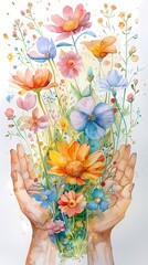 Hands cradling a vibrant bouquet of blooming flowers, sustainability, minimal illustration