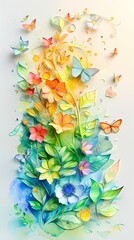 Bright flowers and butterflies create a lush composition, sustainability, minimal illustration