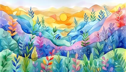 Vibrant watercolor landscape showcasing sustainable nature, sustainability, minimal illustration