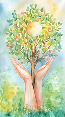 Two hands supporting a flourishing tree illustrating care, sustainability, minimal illustration