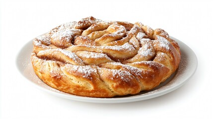 Classic cinnamon roll with thick swirls of dough, isolated on a cool porcelain plate, with a dusting of powdered sugar