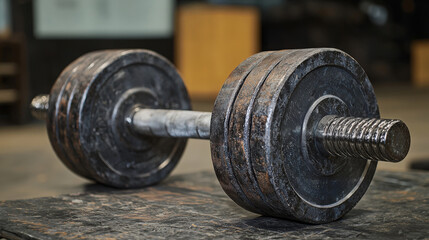 Fototapeta premium A close-up view of an old, rusty dumbbell resting on a gym floor in a fitness center