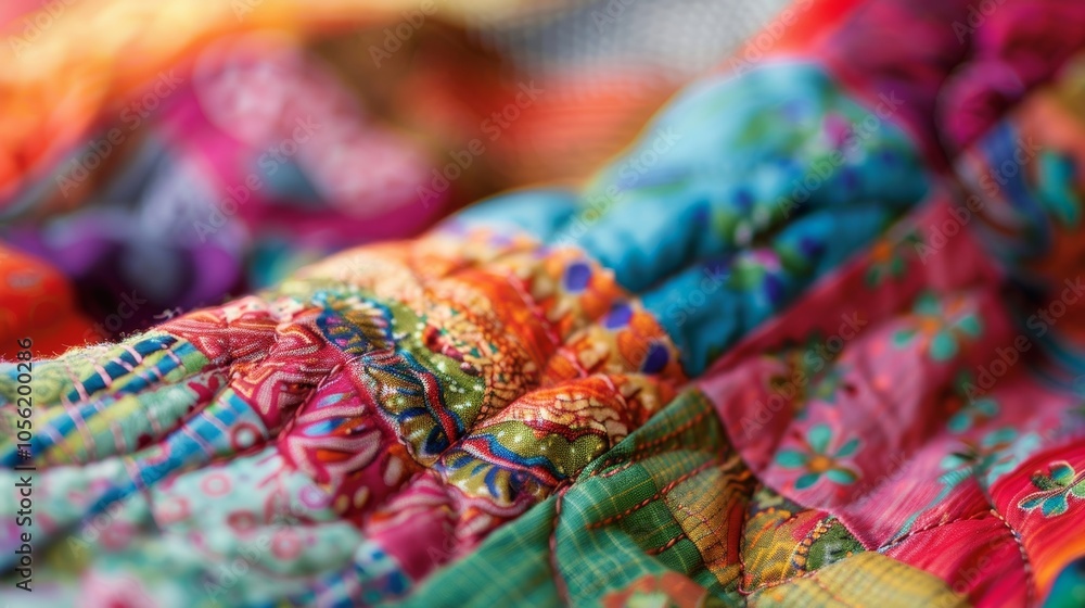 Poster close up of a colorful quilt showing the detail of the stitching technique used to create it, compos