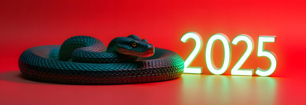 Banner with neon green numbers 2025 on red background with snake with space for text