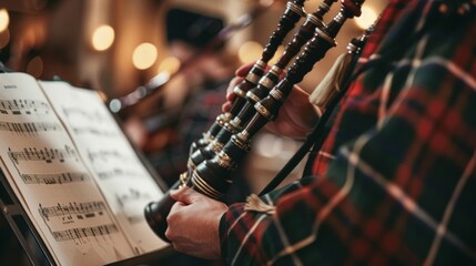Musician plays the bagpipes at an irish music session in a cozy pub, captivating the audience with skillful artistry
