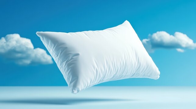 Floating pillow against a serene sky with fluffy clouds, AI
