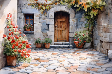 A charming stone courtyard featuring a wooden door, vibrant flowers, and a cobblestone path, creating a picturesque and inviting atmosphere.