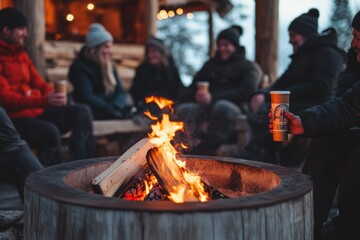 cozy Apr&egrave;s Ski scene with people gathered around an outdoor fire pit, hot drinks in hand, minimal background with copy space