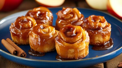 Mini cinnamon rolls with a caramel drizzle, isolated on a blue porcelain plate, with sliced apples and cinnamon sticks