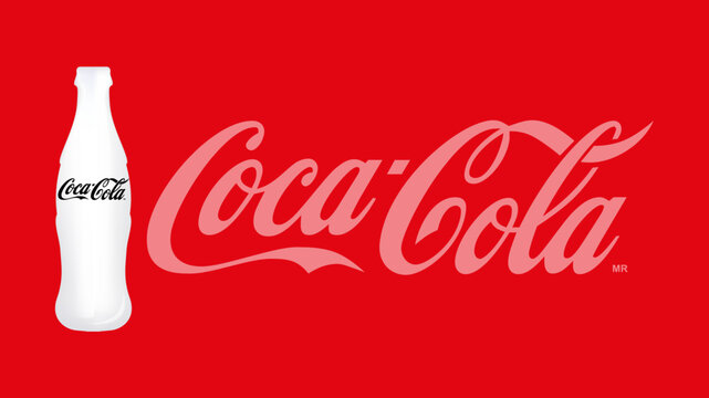 A white Coca-Cola bottle with a black logo on a red background featuring a large light pink Coca-Cola logo.